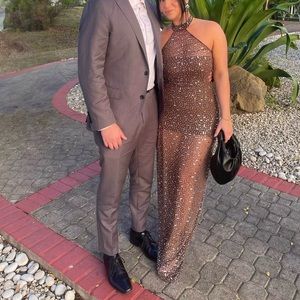 OH POLLY Sheer Embellished High Neck Evening Gown in Deep Cocoa SIZE 8